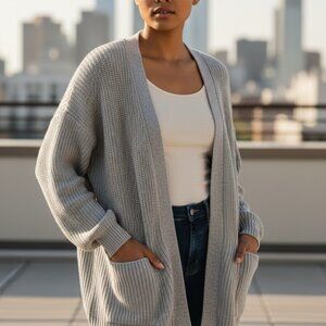 Aritzia Wilfred Cream Ribbed 100% Merino Wool Cardigan With Front Pockets Size L